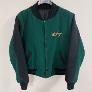 Vintage Harley Davidson Green Crop Wool Embroidered Bomber Jacket Small